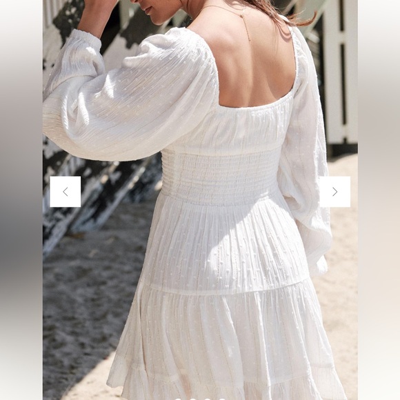 L*SPACE Cassidy Dress Anthropologie White Ruffle Long Sleeve Gold Medium Viscose - Picture 3 of 16